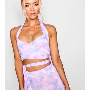 BooHoo tie dye wrap halter top